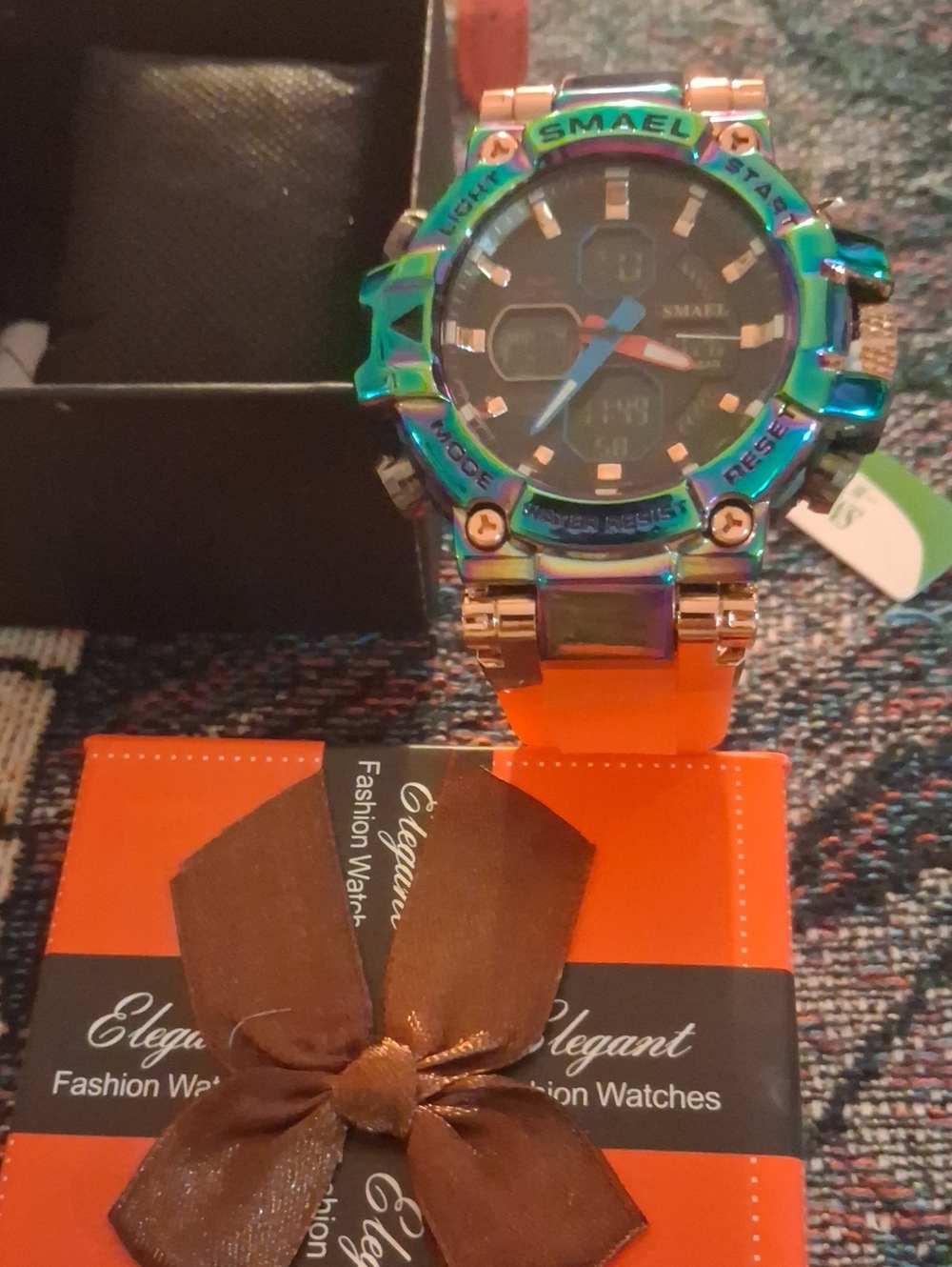 Men’s Analog-Digital Watch in Iridescent Green with Orange Strap